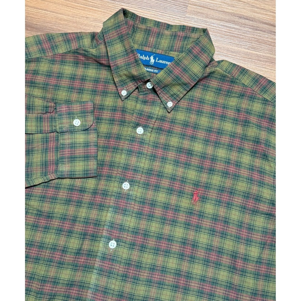 VTG Ralph Lauren Classic Fit Plaid Shirt Green Burgundy Button Down Men's Sz XL